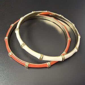 Vintage Orange & Cream Enamel Bamboo Style Bangle Bracelet Set, 2 Pieces